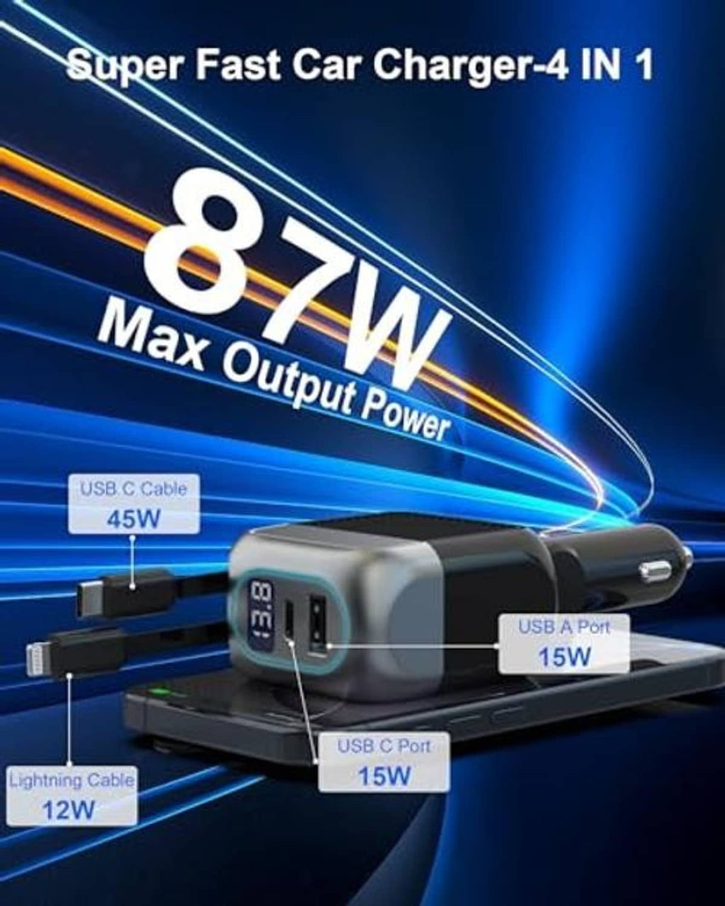 Retractable car charger showing 4-in-1 ports with USB-C and Lightning cable connections