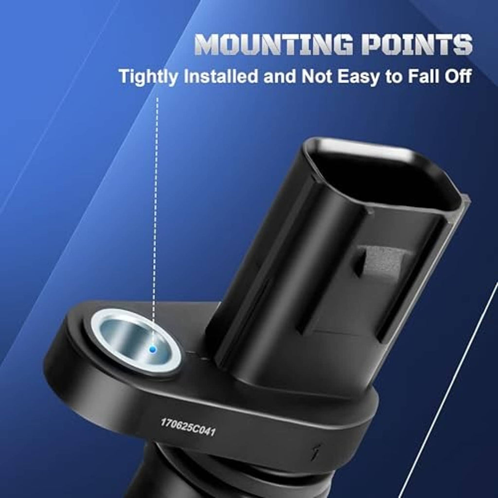 Camshaft position sensor with mounting flange and silver eyelet, angled view