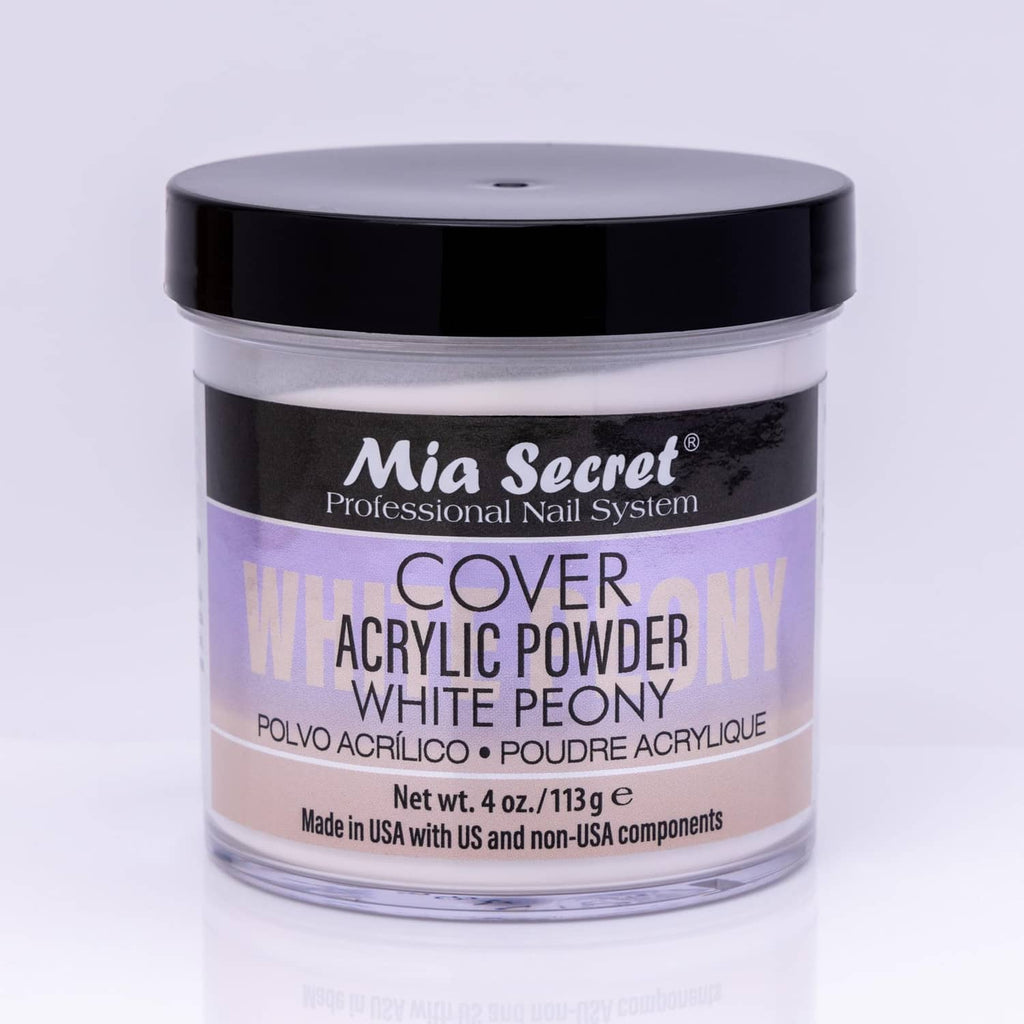 Mia Secret Cover acrylic powder jar, white peony, 4 oz plastic container with black lid