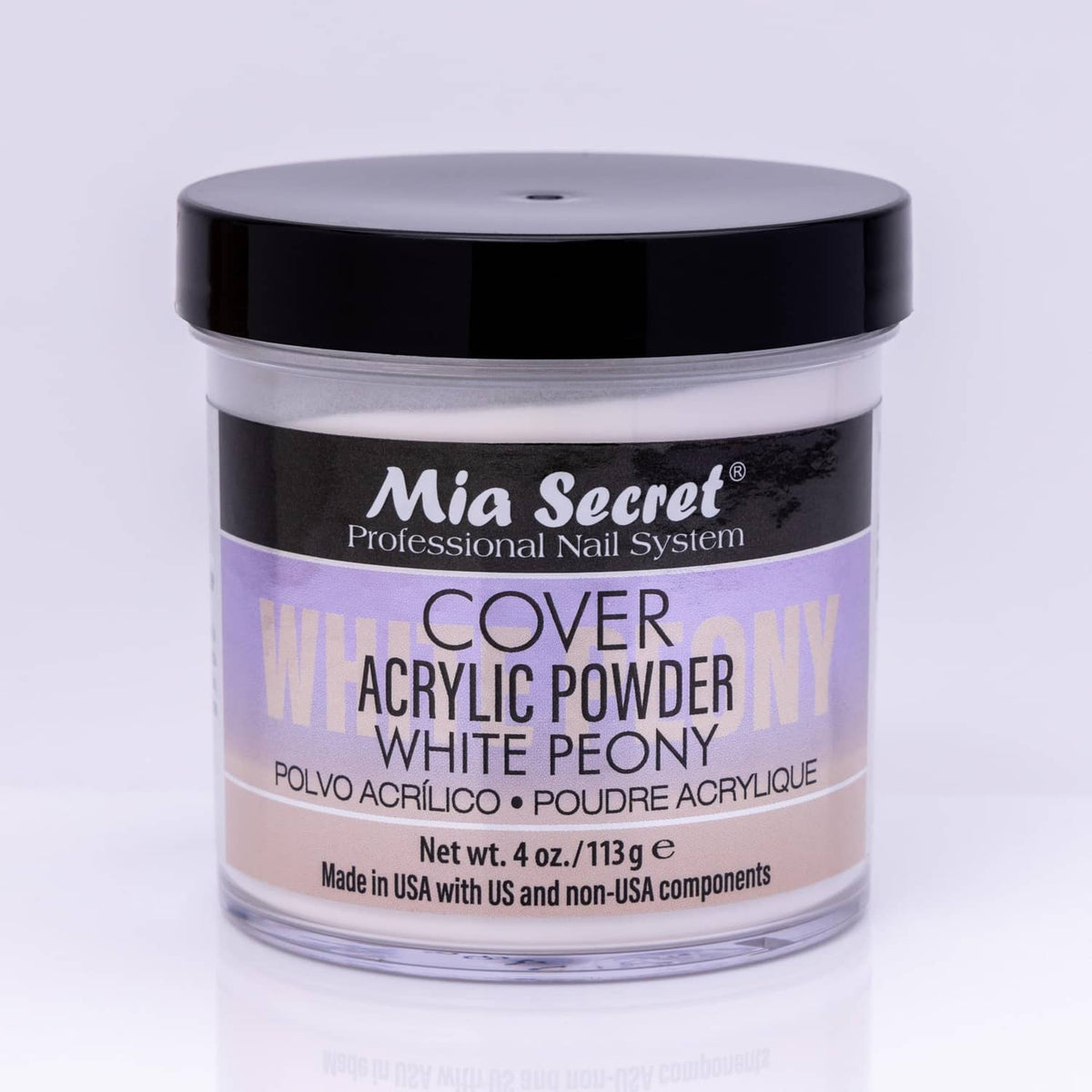 Mia Secret Cover acrylic powder jar, white peony, 4 oz plastic container with black lid