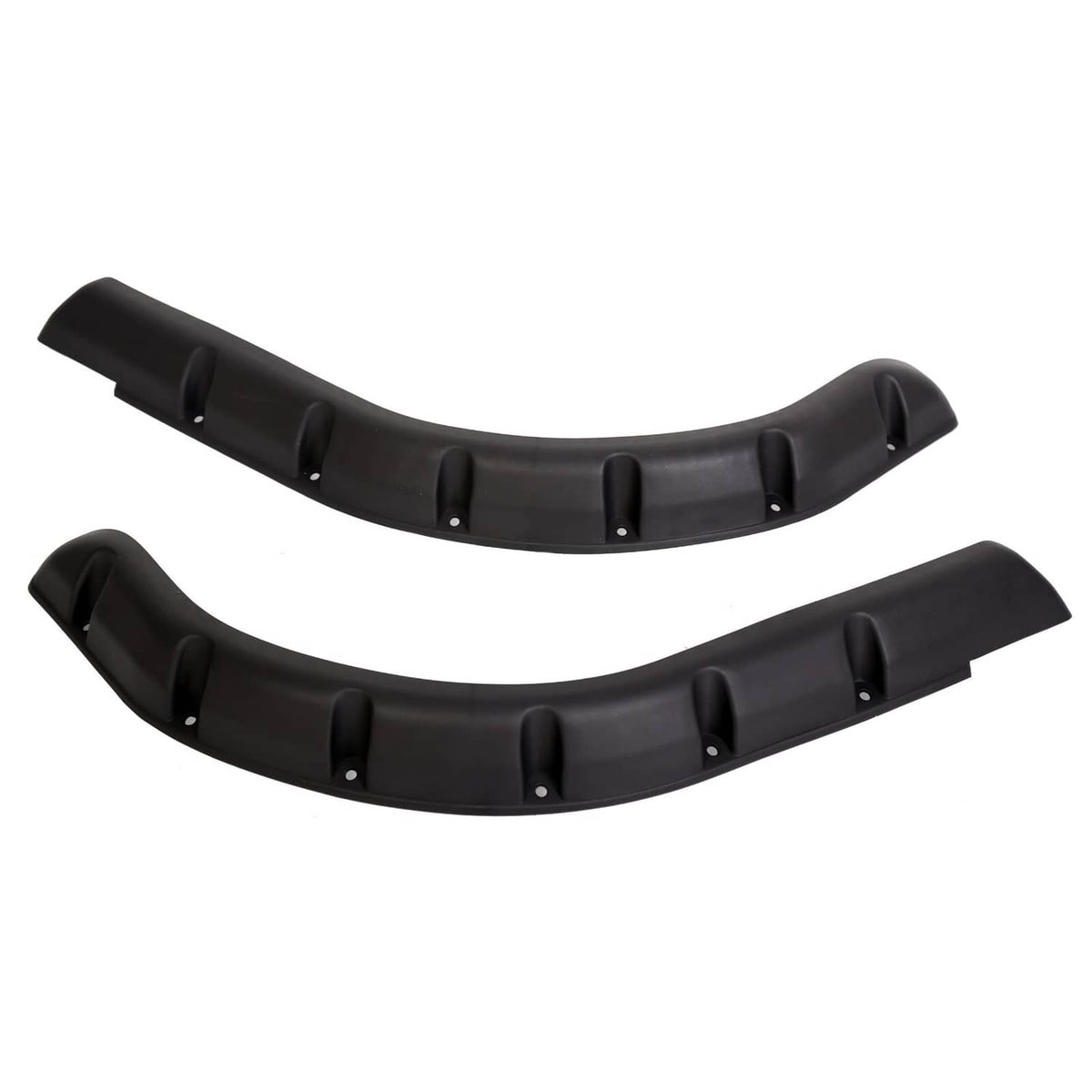 Set of two black curved fender flares with mounting slots and raised fastener posts.