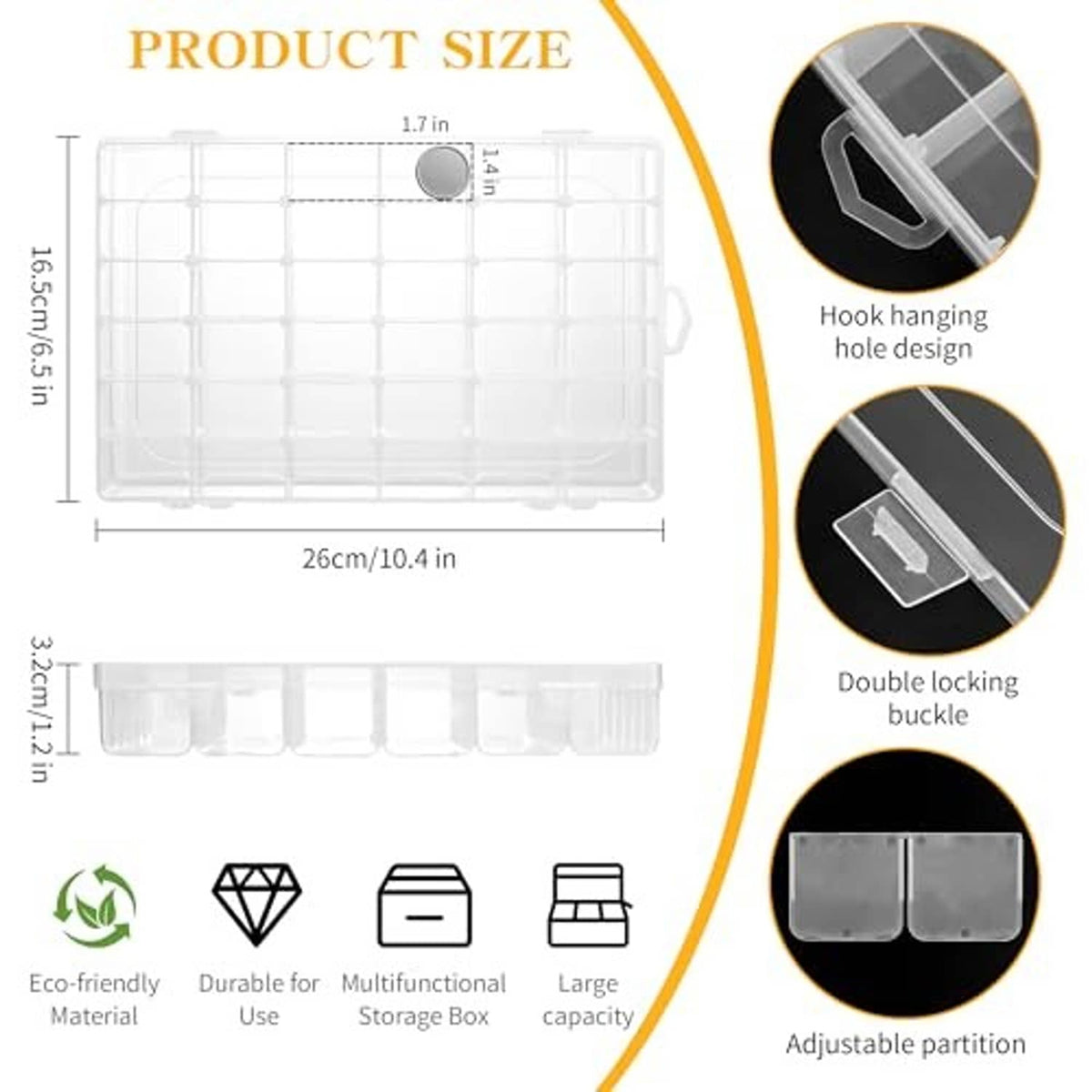 Clear plastic grid organizer box with adjustable compartments and locking latches