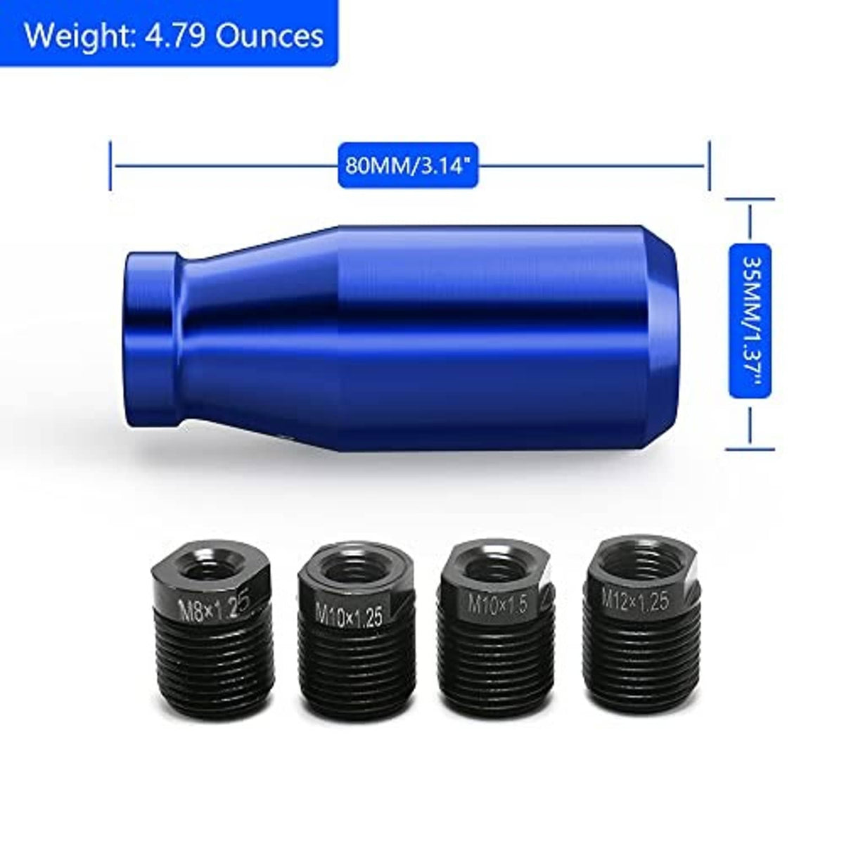Blue shift knob with black threaded adapters and exposed threads