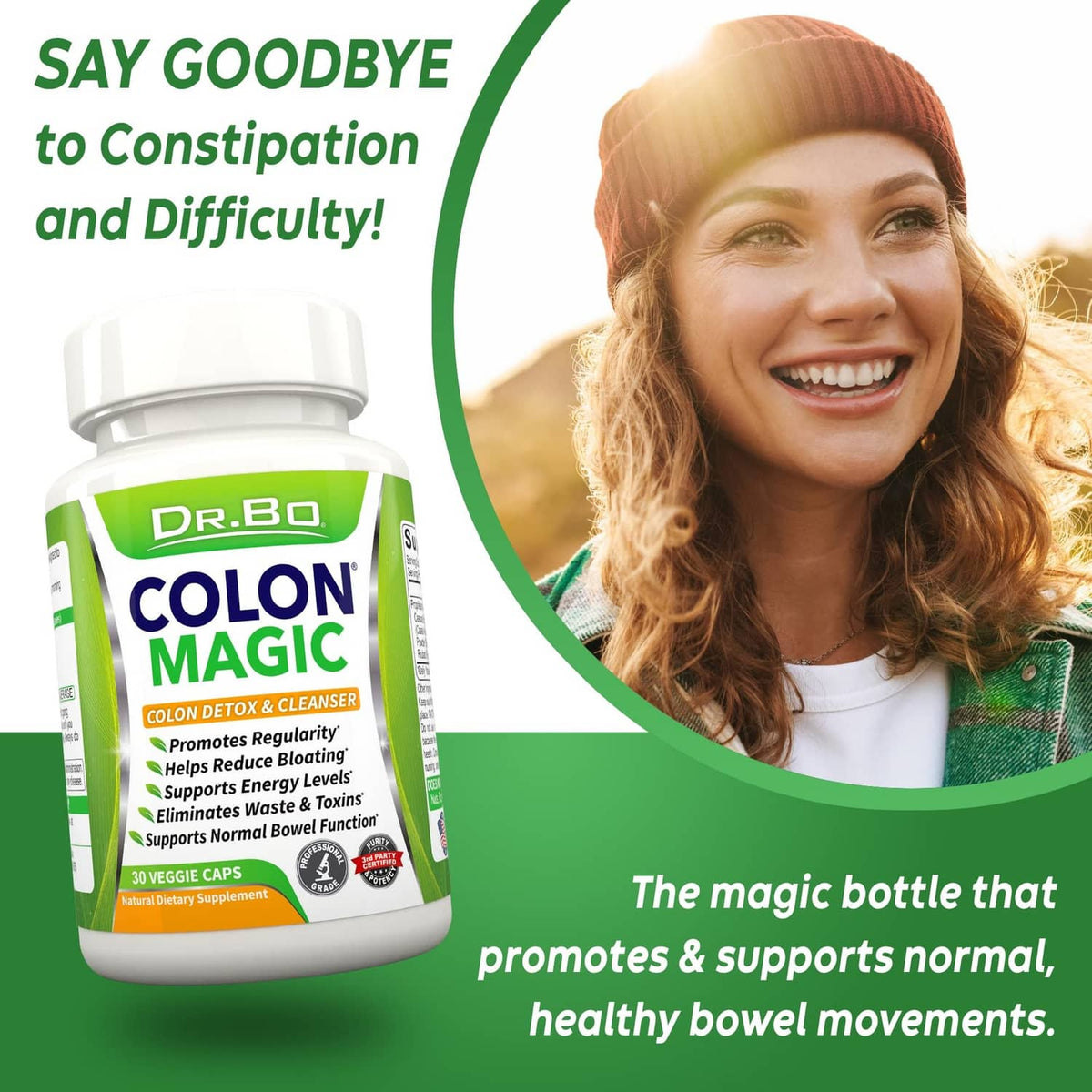 Dr.BO Colon Magic bottle with front label, shown in a promotional layout