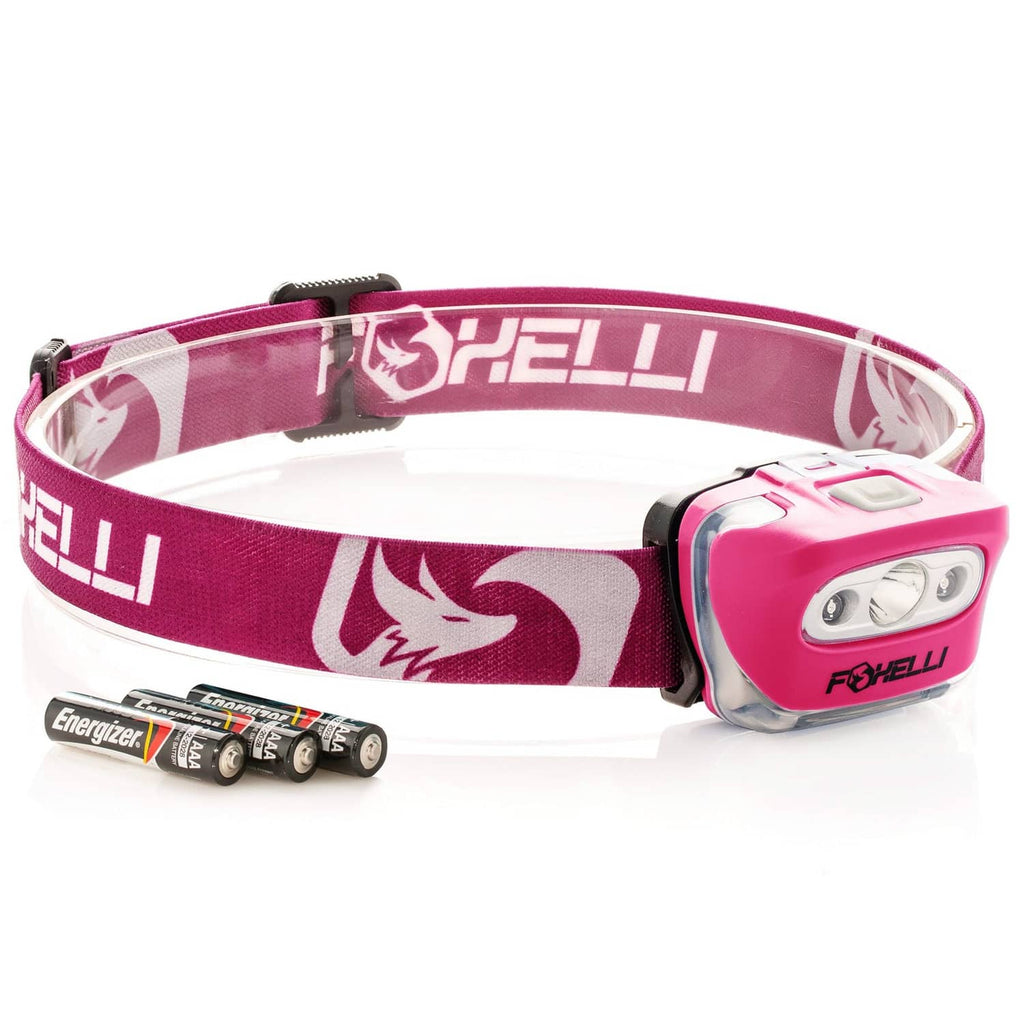 Neon pink LED headlamp with patterned fabric headband and included AA batteries