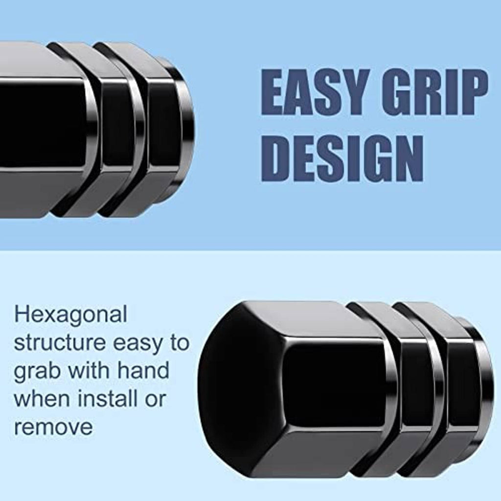 Black hex tire valve caps showing ridged metal grip design