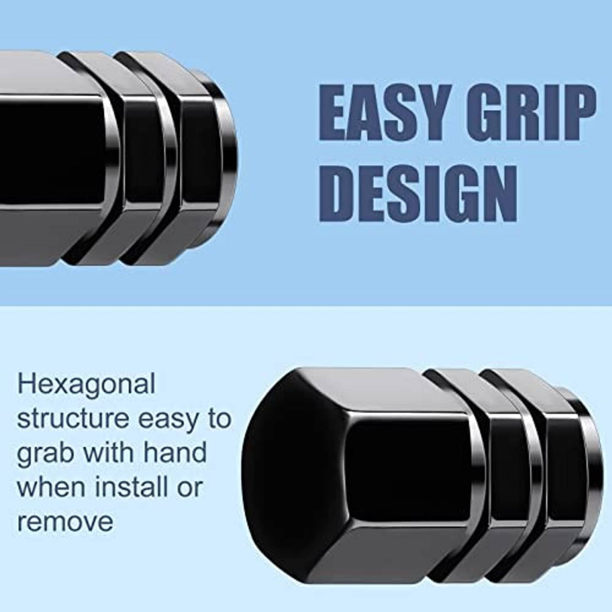 Black hex tire valve caps showing ridged metal grip design