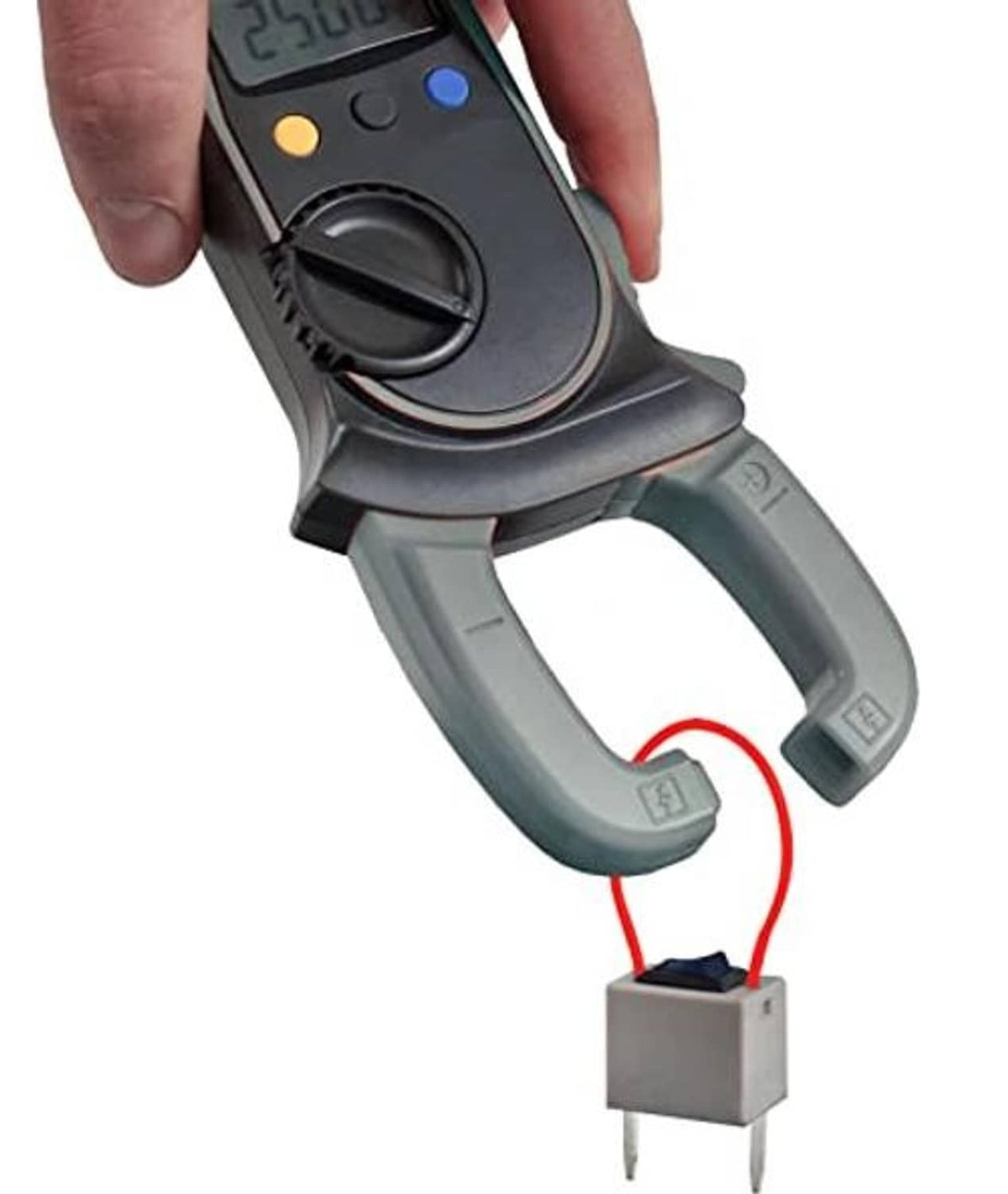 Handheld tester connected to a relay bypass switch module with red wire
