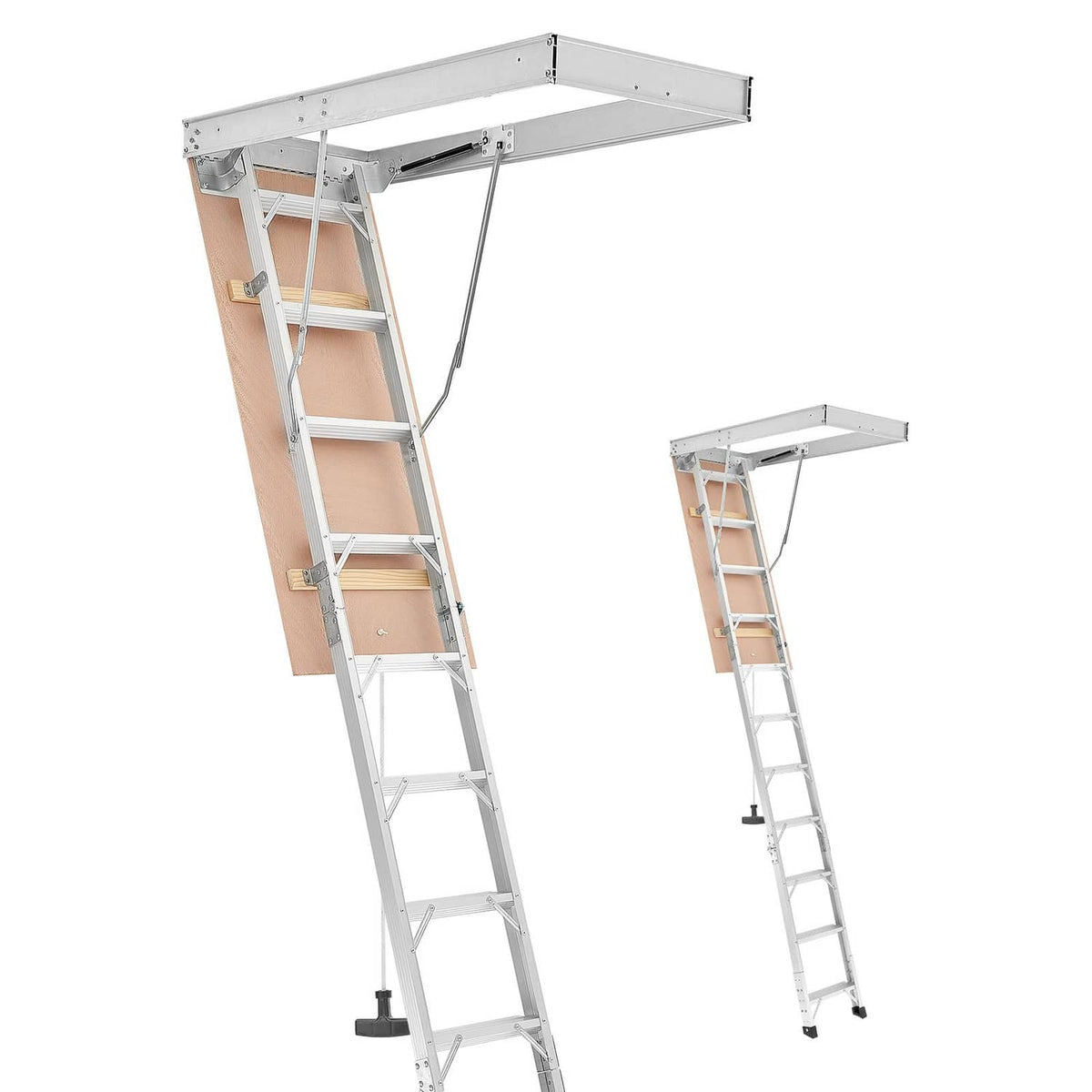 Aluminum folding attic ladder with step ladder and hinged hatch, folded and extended