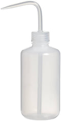 White LDPE squeeze wash bottle with long curved spout and cap, 8.5 oz