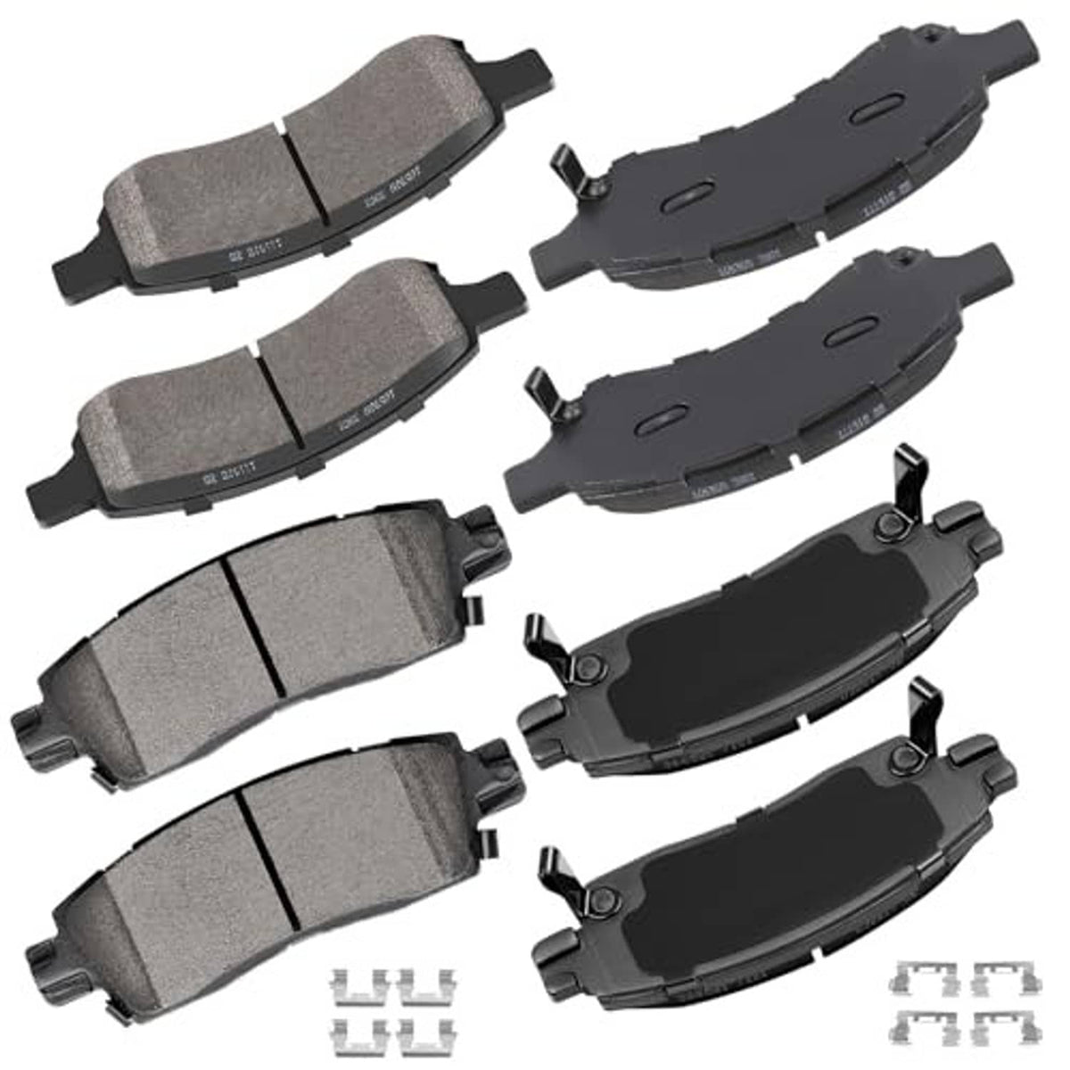 Ceramic front and rear brake pads set; multiple grey and black pads shown