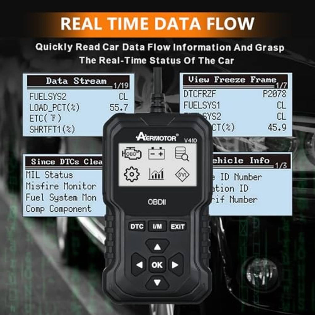 Black handheld OBD2 scanner displaying real-time data flow on its screen