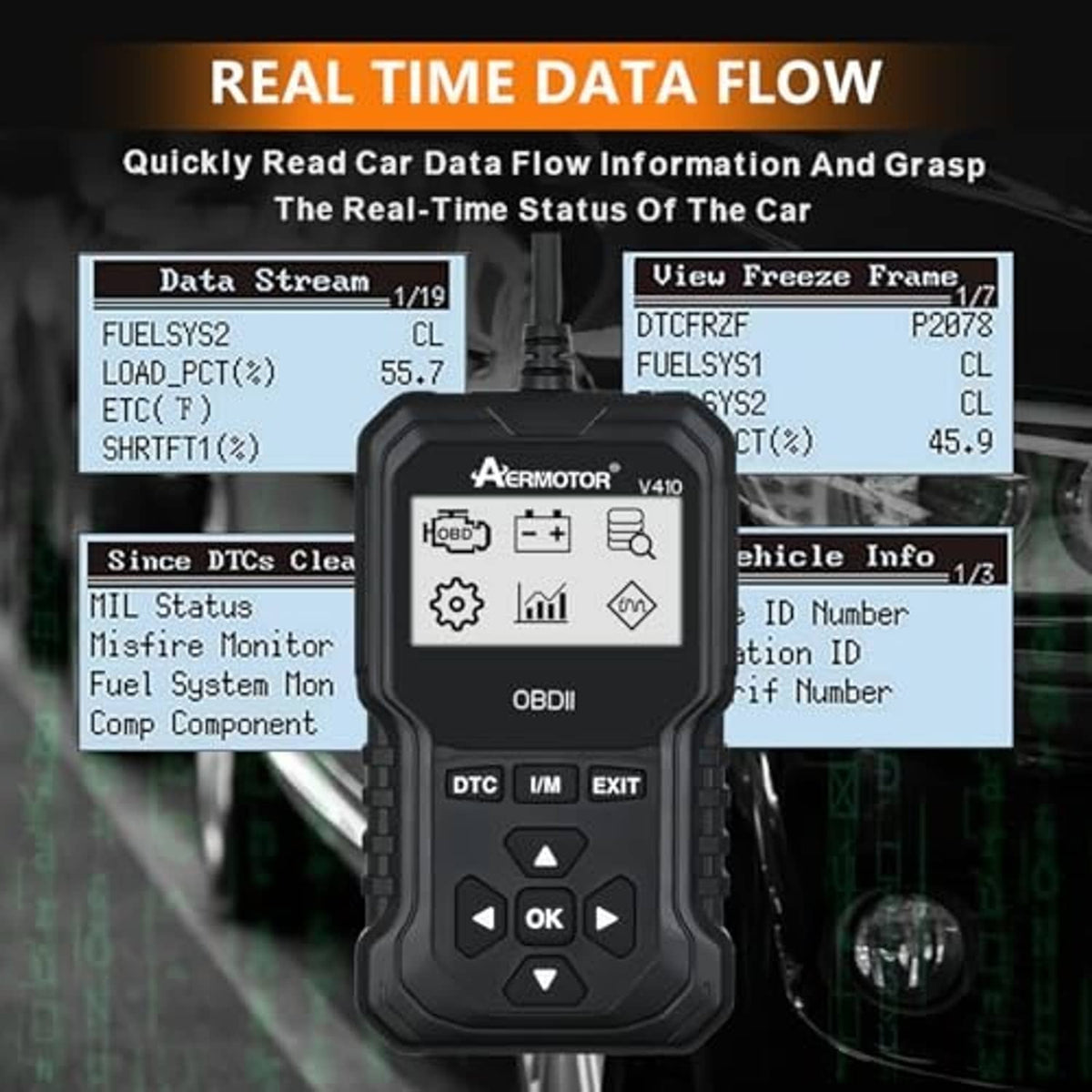 Black handheld OBD2 scanner displaying real-time data flow on its screen