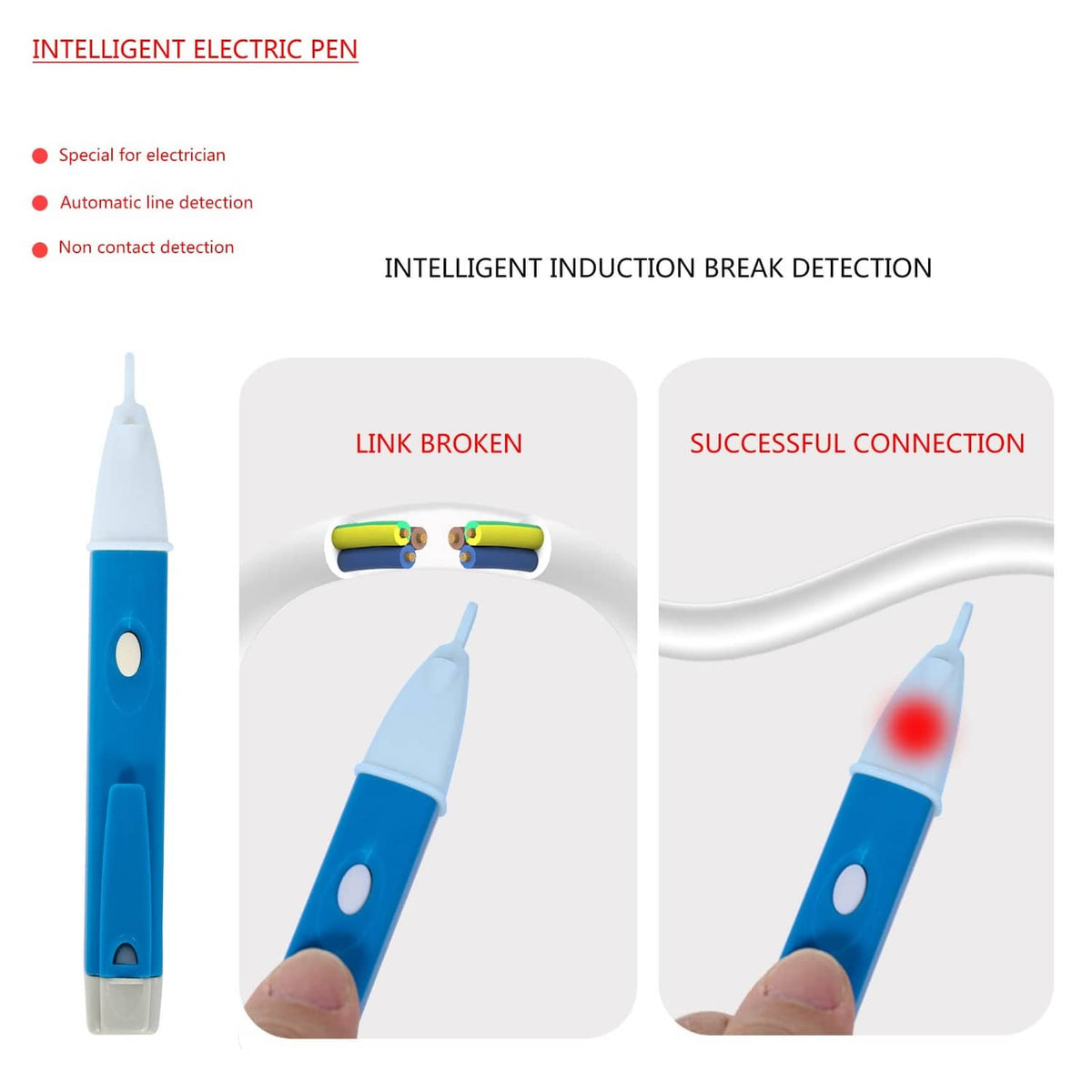 Intelligent electric pen detector with blue-and-white body and indicator tip