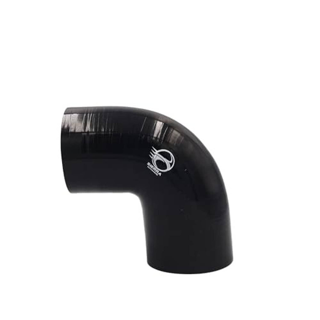 Black 90-degree silicone elbow hose with curved bend and short straight inlet