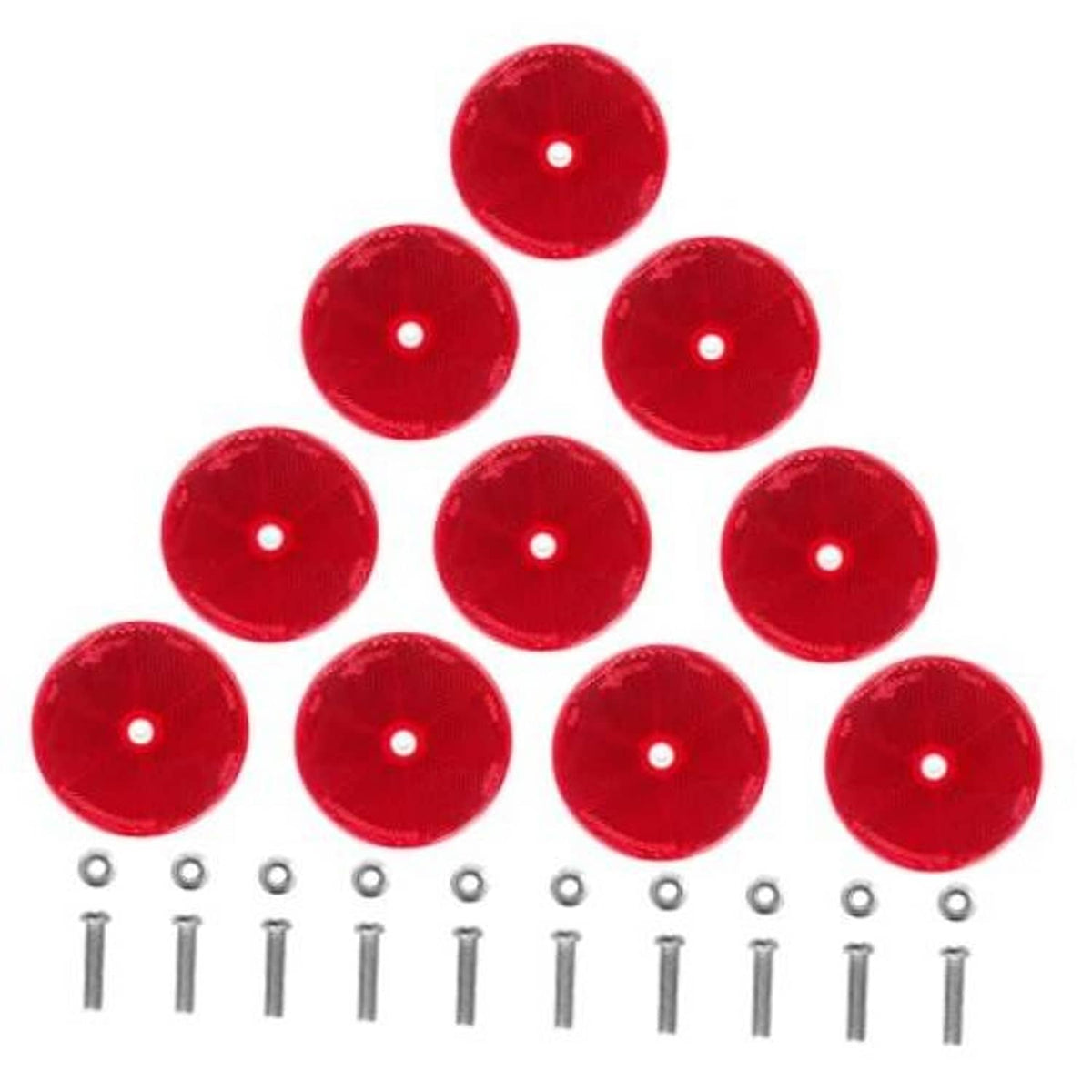 Set of 10 red round screw-on reflectors with mounting screws and washers