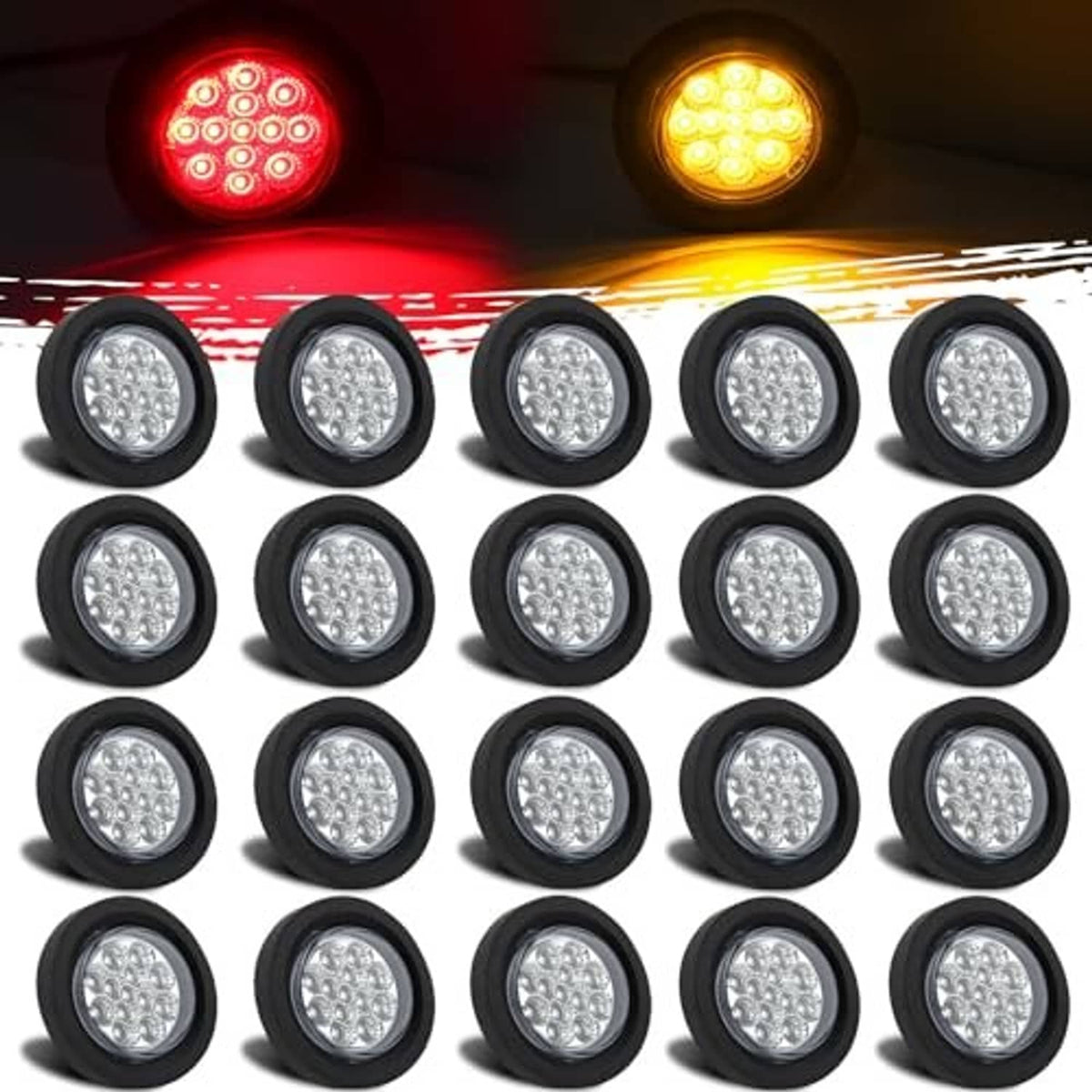 Round LED side marker lights with clear reflector and black housing; red and amber lights lit