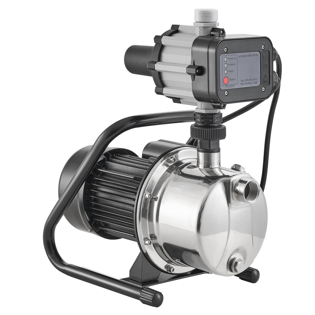 Shallow well jet pump with auto controller, stainless pump casing, and black power cord.