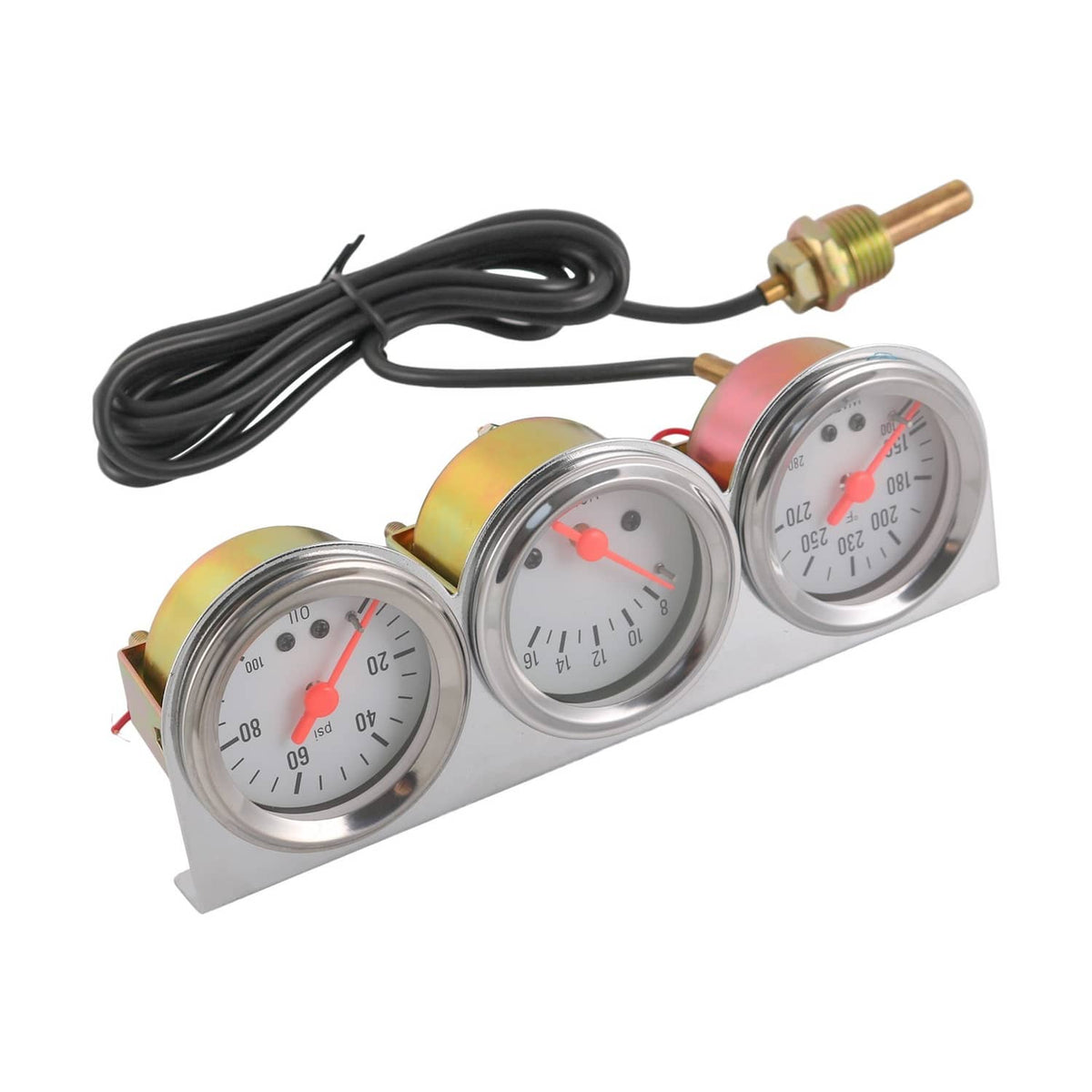 Triple mechanical gauges on chrome panel with black wiring and brass sensors mounted