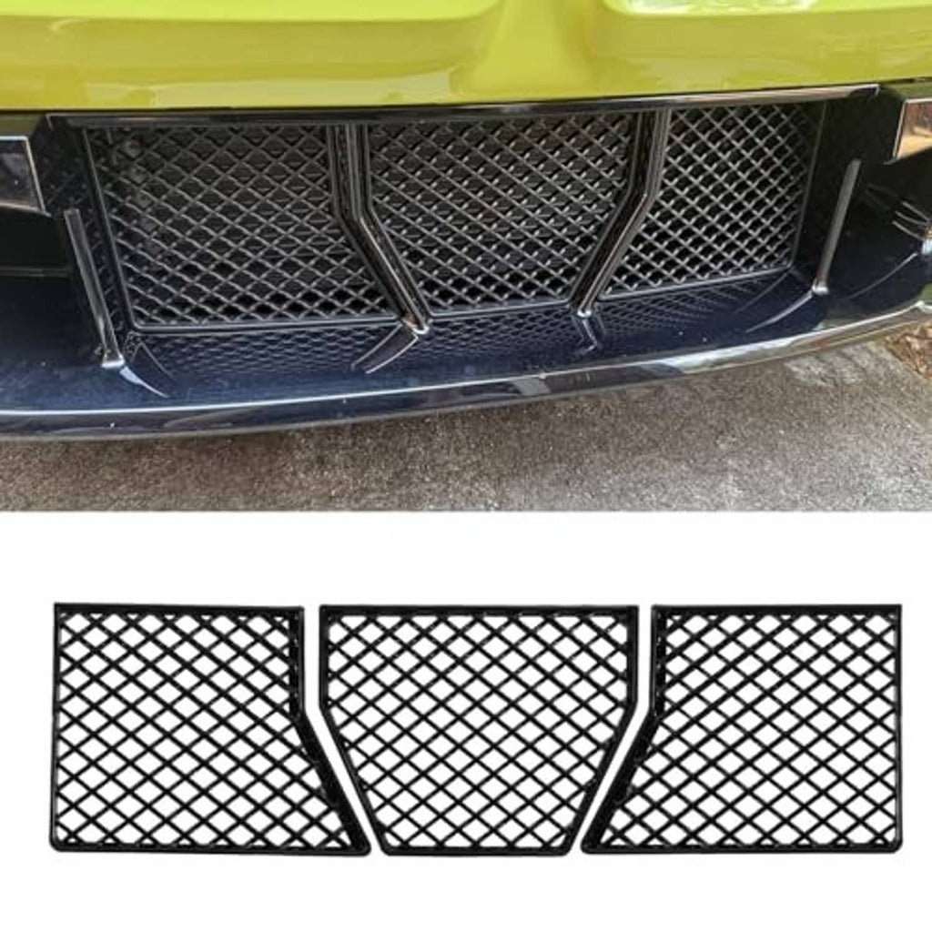 Three-piece black mesh grille inserts with diamond pattern for front bumper