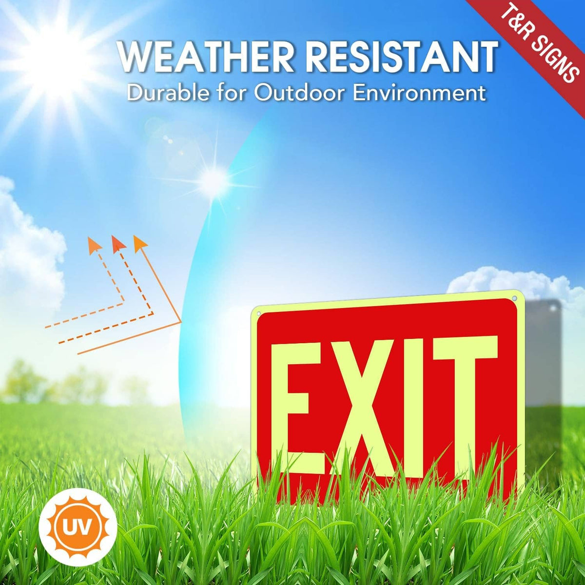 Red EXIT safety sign outdoors, weather resistant build with green glow border
