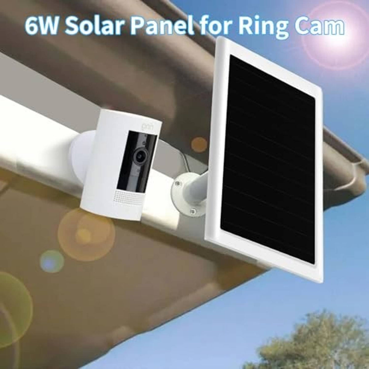 White solar panel charger with outdoor mounting for a Ring camera under sunlight