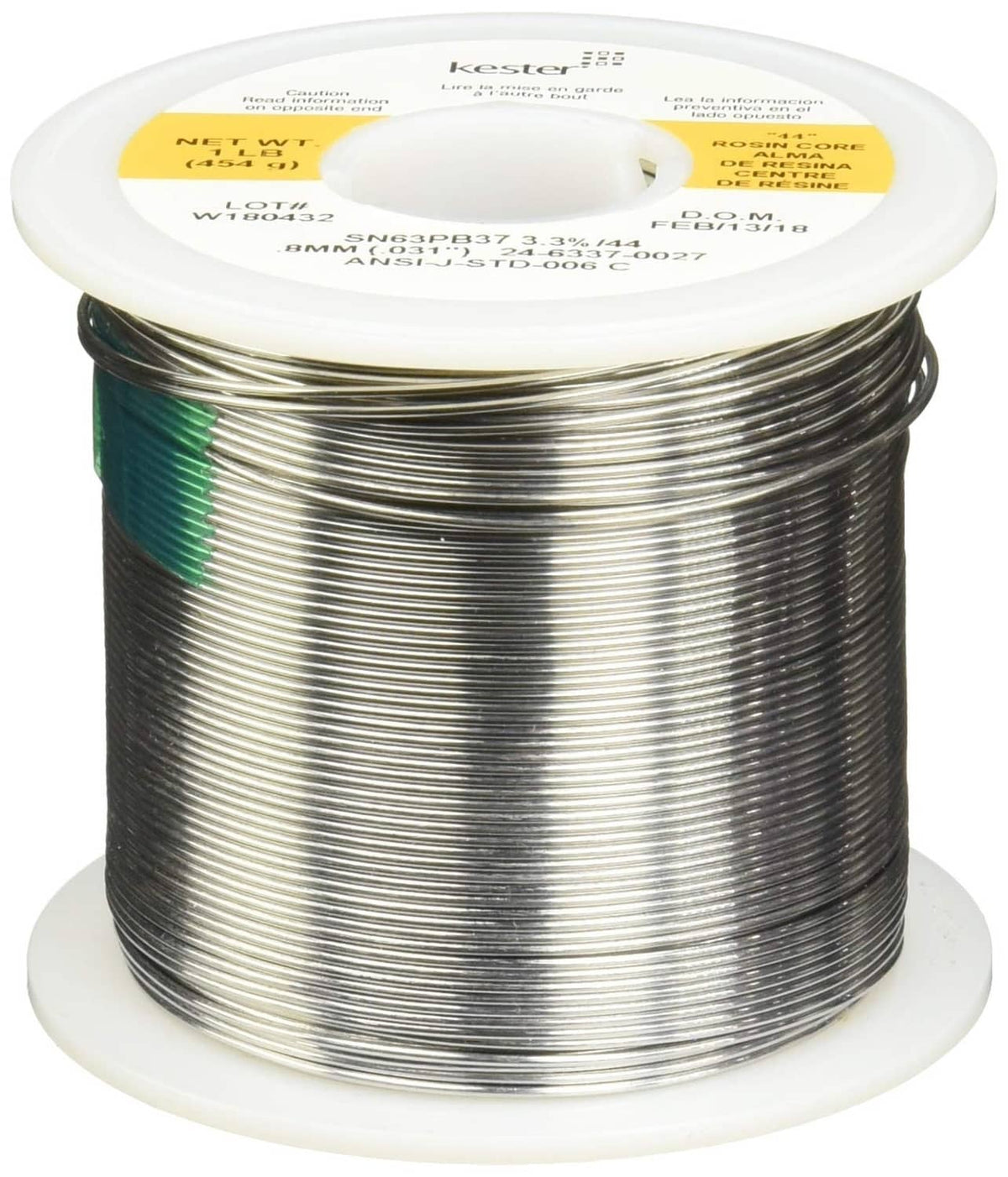 Spool of yellow-labeled silver metal wire, 1 lb label