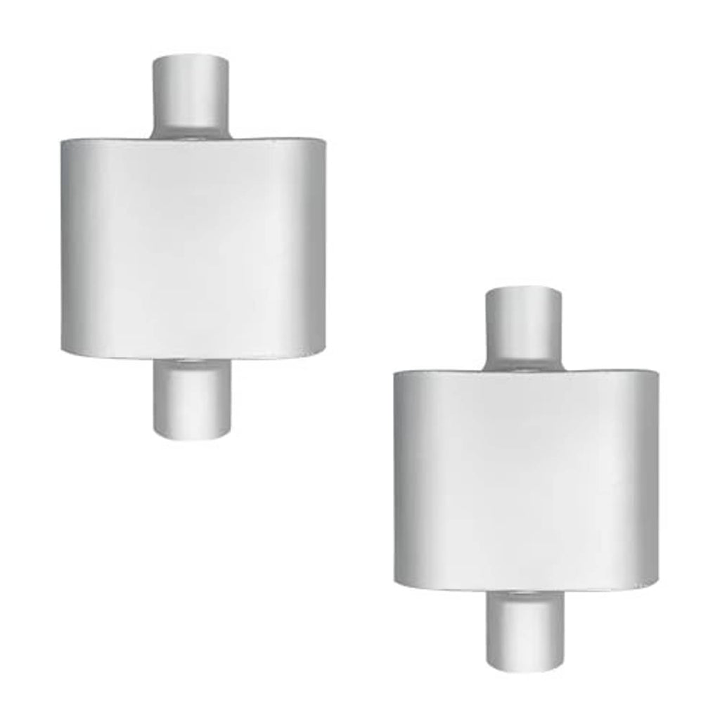 Two silver single-chamber mufflers with 2.5-inch ID inlet/outlet tubes