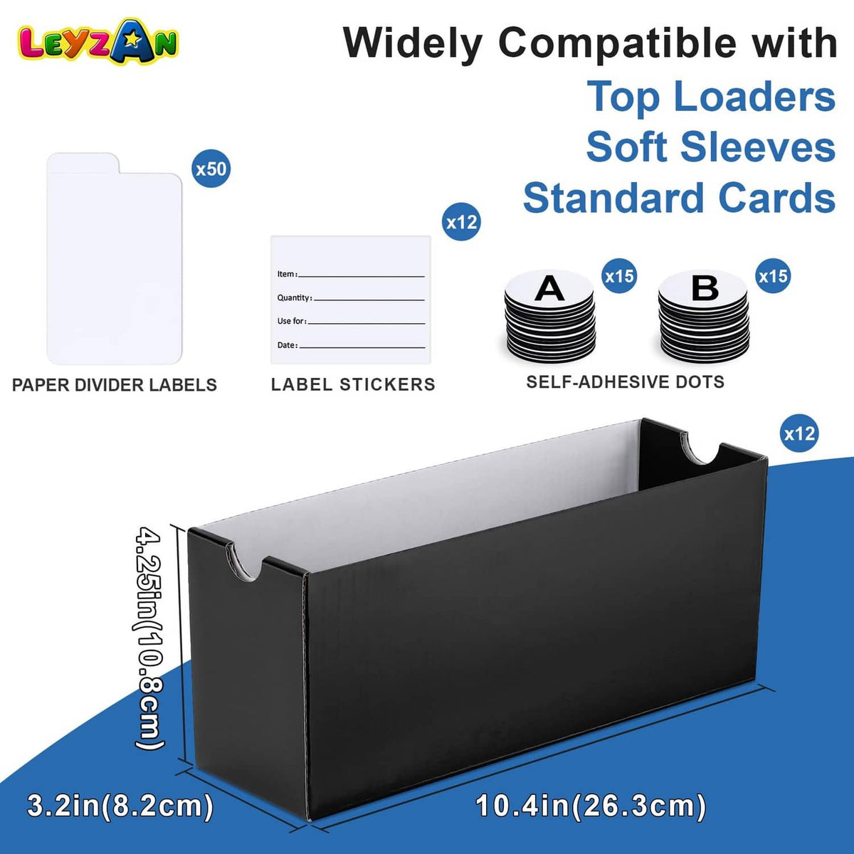 Black trading card storage box with front dividers and open slot openings