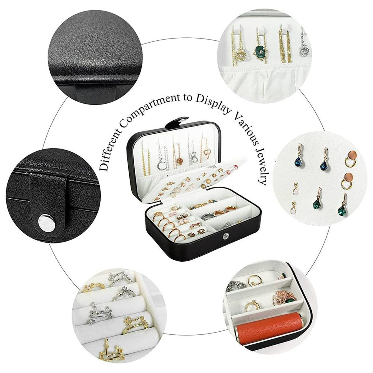 Black PU leather jewelry box with multiple compartments and snap button closure detail