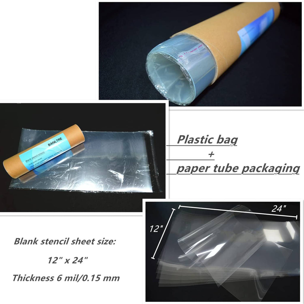 Clear plastic stencil film roll with flat sheets, 12x24 in, 6mil thickness