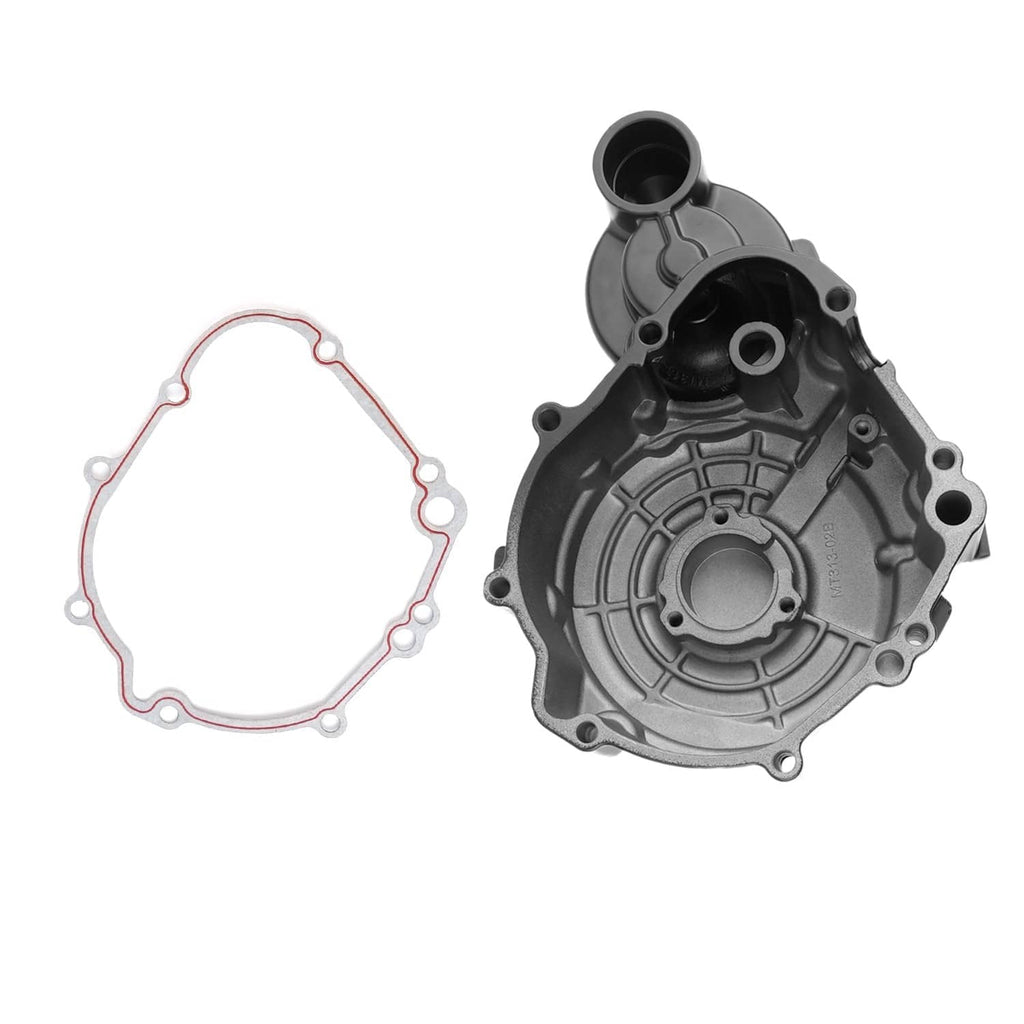 Grey engine crankcase cover with gasket outline and circular housing detail