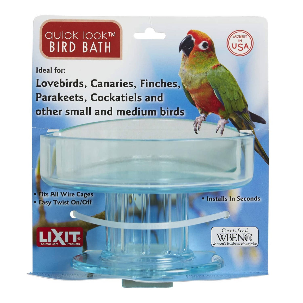 Lixit Quick Lock Bird Bath retail package with small-bird image