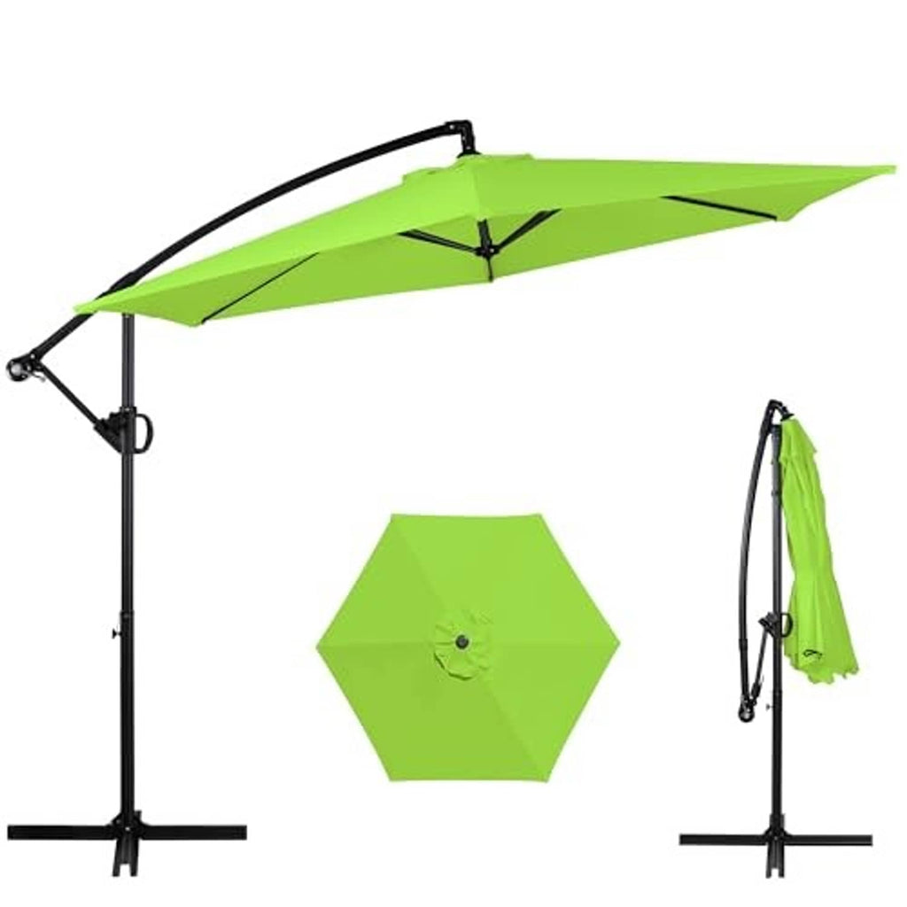 Olive offset patio umbrella with open green canopy, side view and cross base