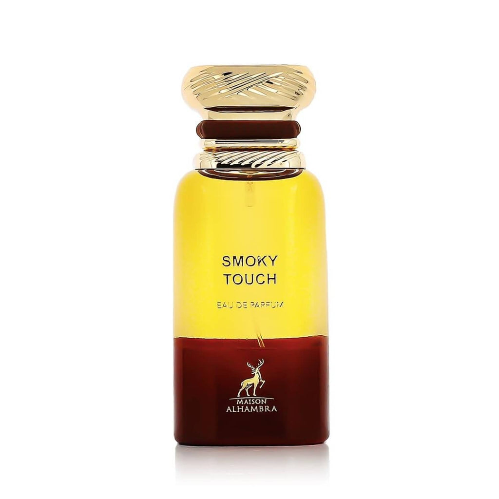 Smoky touch eau de parfum bottle with gold ribbed cap; amber liquid and dark base