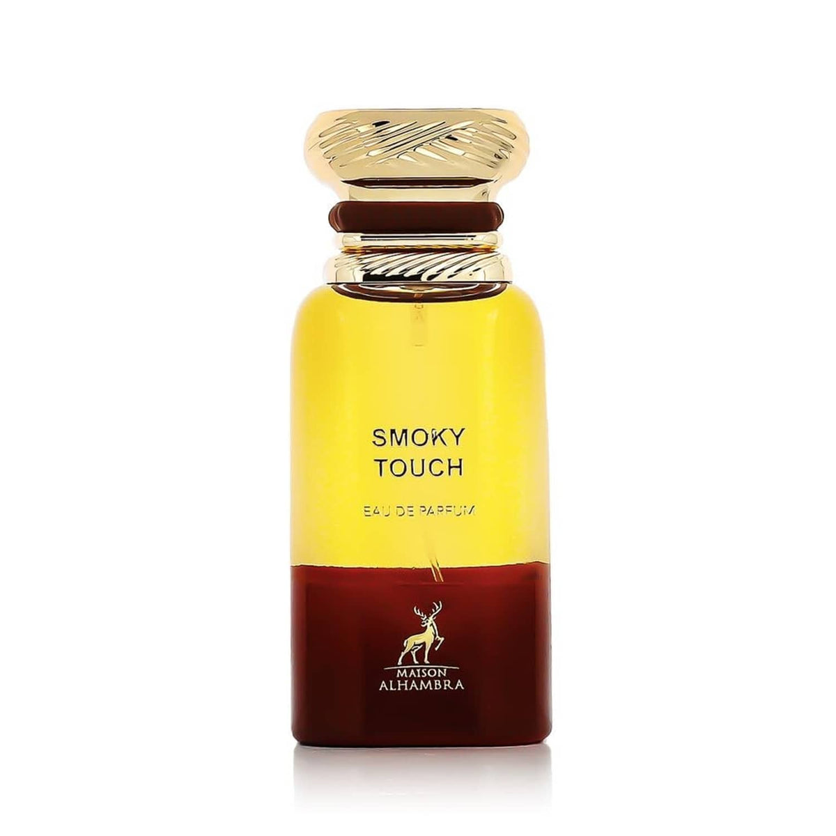 Smoky touch eau de parfum bottle with gold ribbed cap; amber liquid and dark base