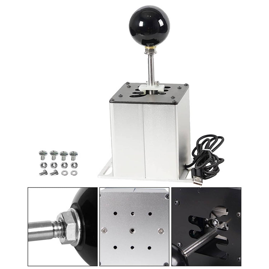 Sim racing USB gear shifter with black round shift knob and brushed metal base