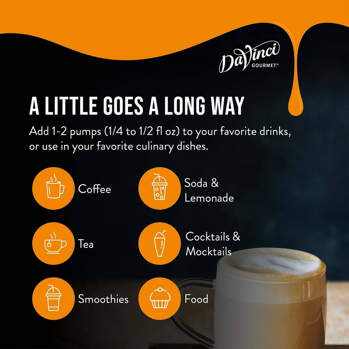 DaVinci Gourmet syrups serving guide icons with iced coffee mug