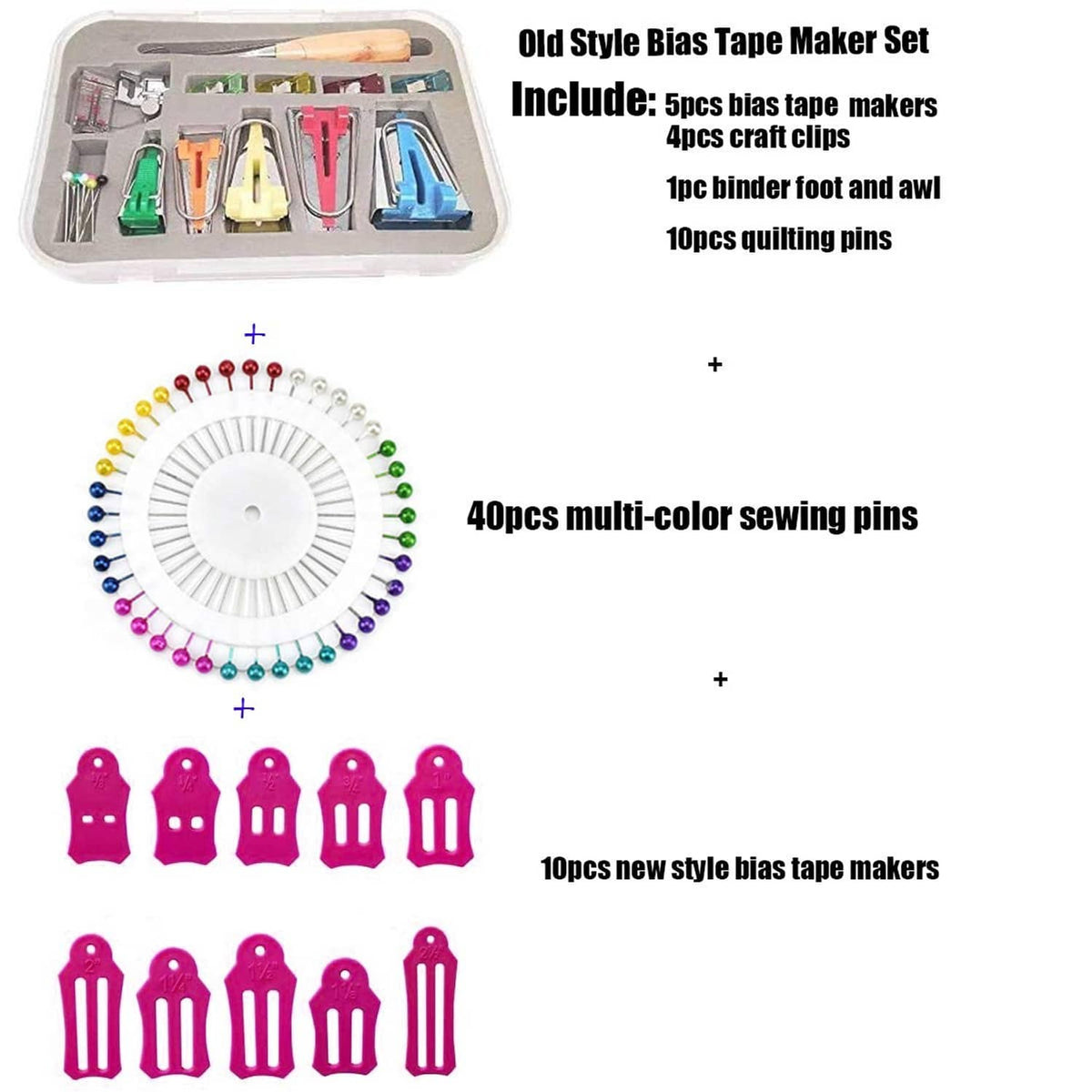 Bias tape maker set in case with multi-color quilting pins and pink bias makers