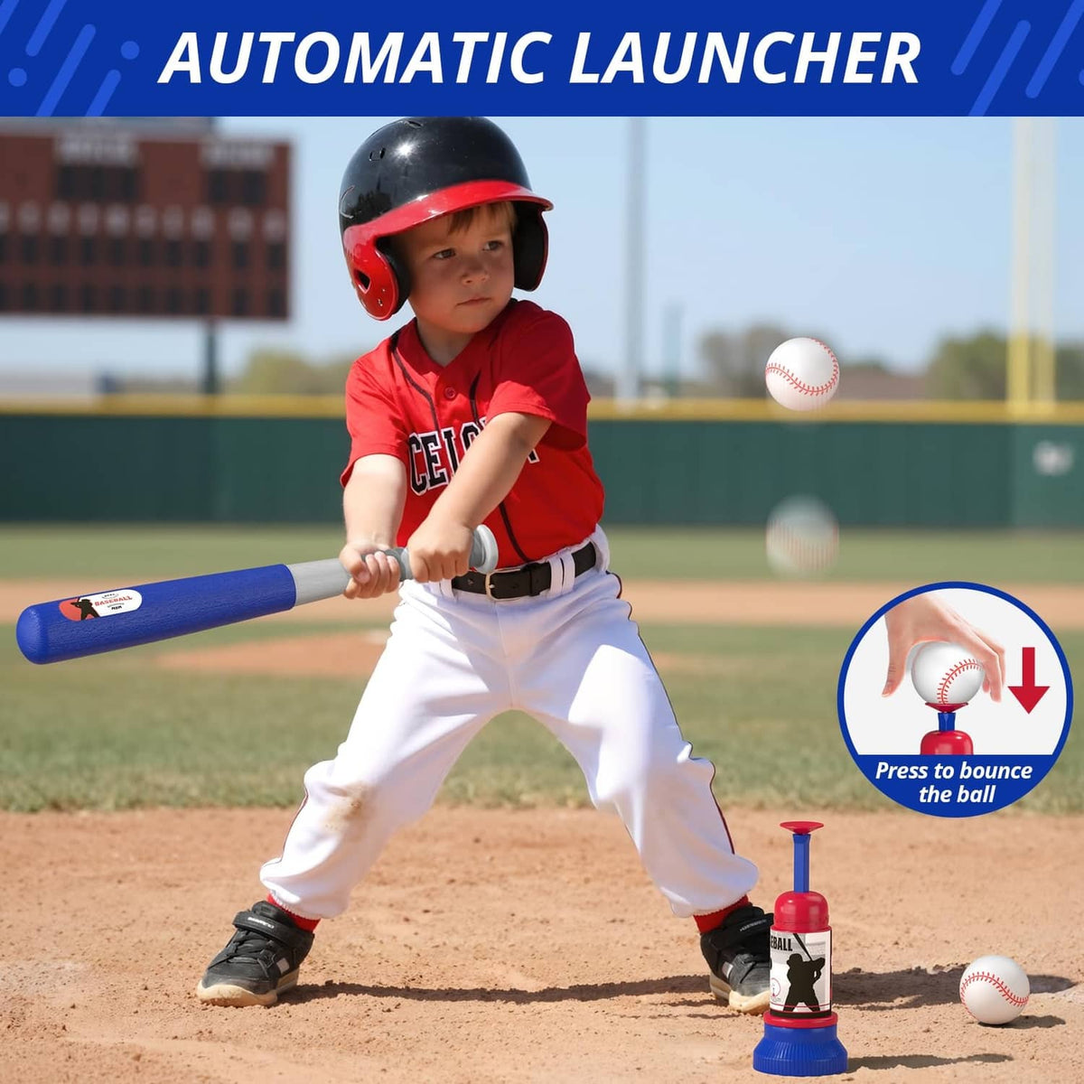 Automatic baseball tee launcher with blue/red pole and white bounce-back ball