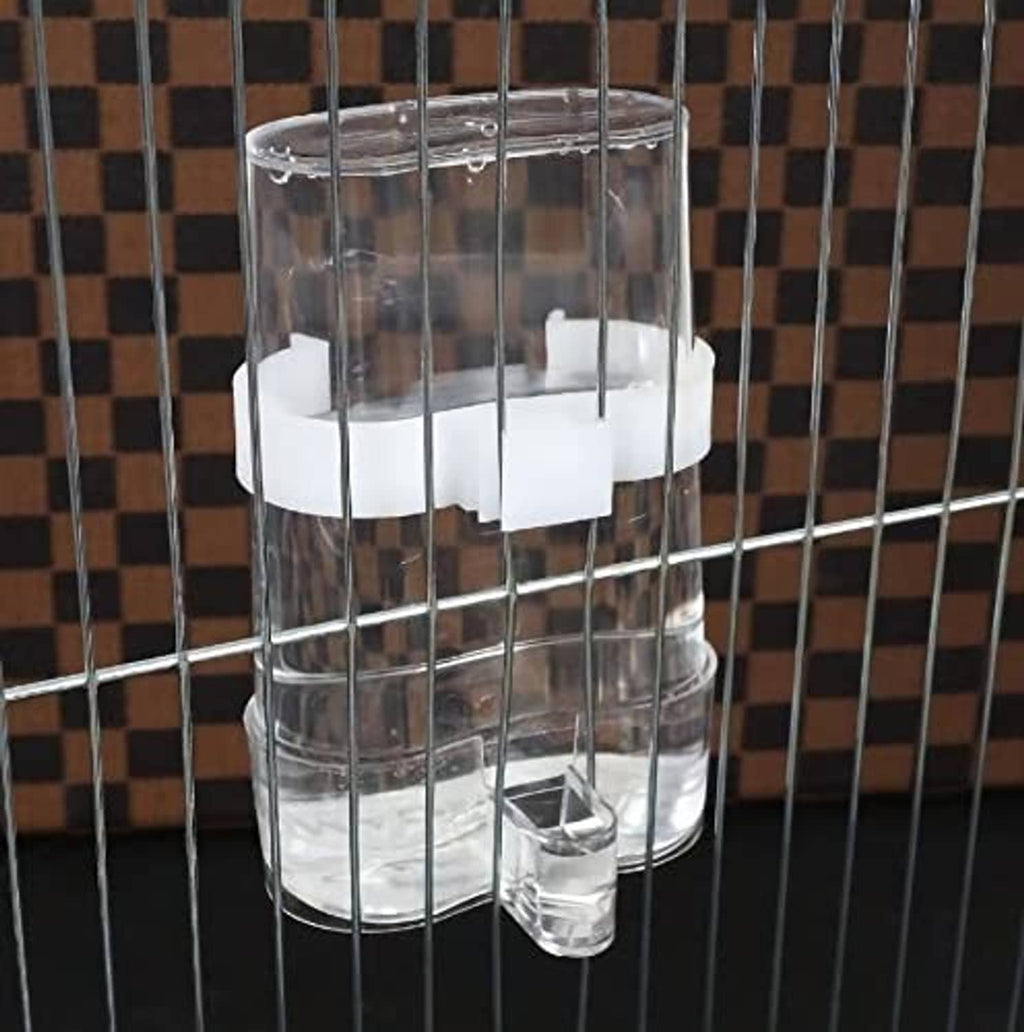 Clear cylindrical automatic bird waterer with white bracket on metal cage bars