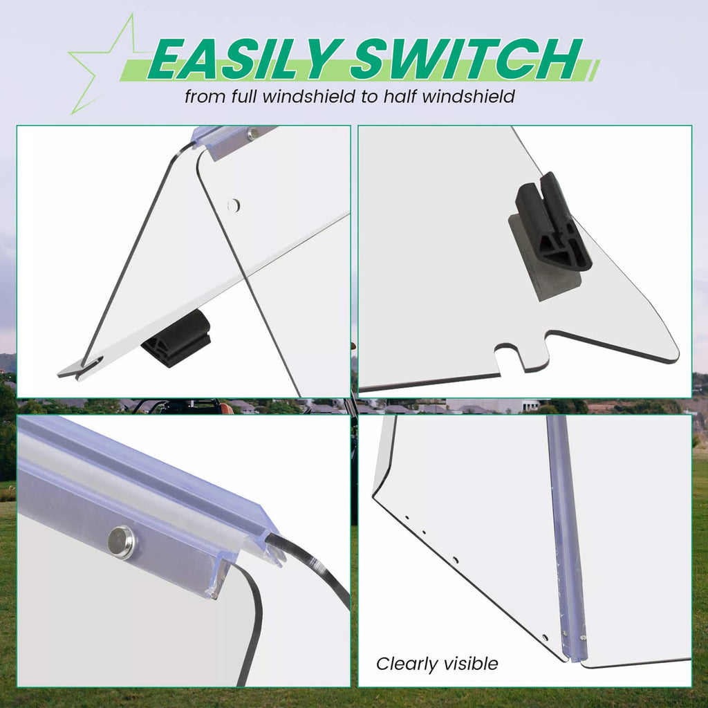 Foldable windshield panels shown with mounting clips; clearly visible transparency