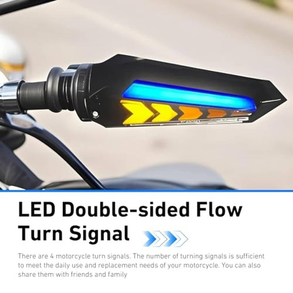 Mounted arrow LED motorcycle turn signal with blue bar and yellow chevron arrows on black housing