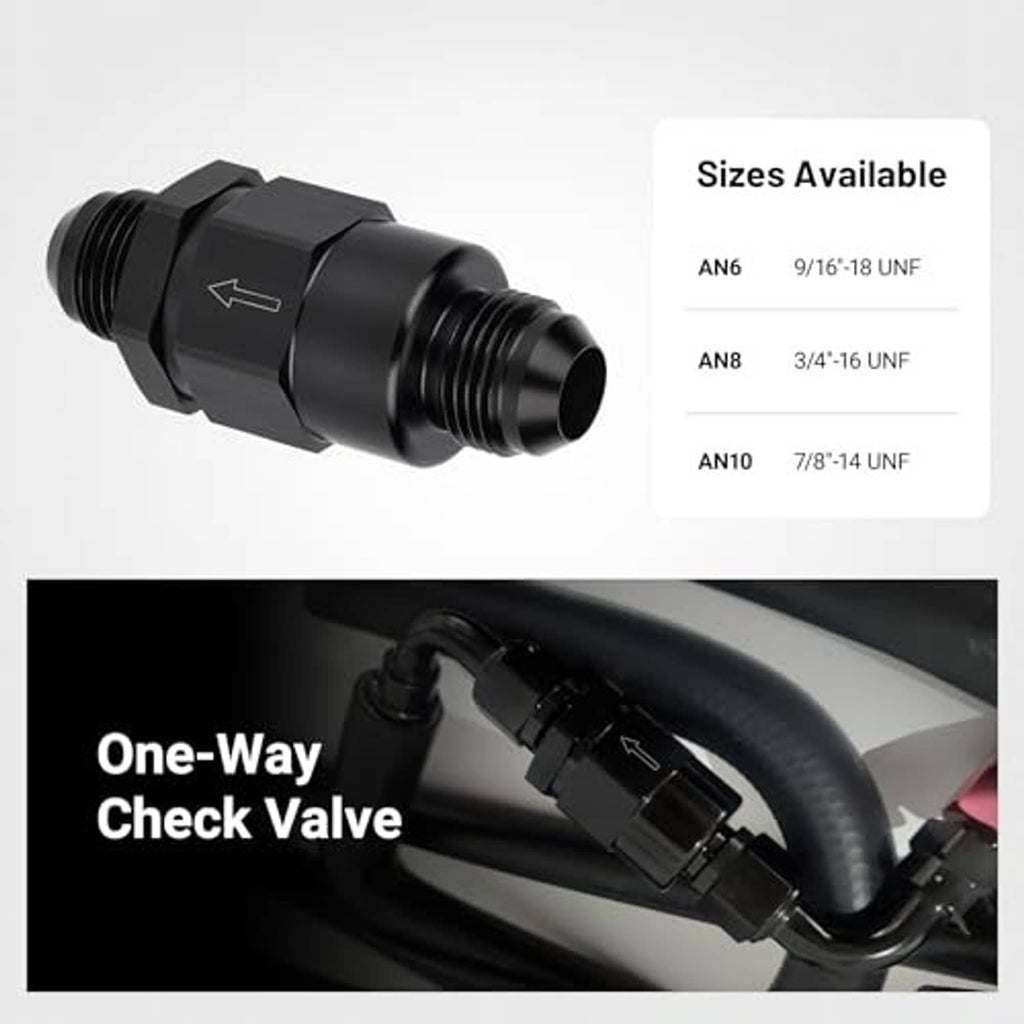 Black 10AN one-way check valve fitting with directional arrow marking and threaded ends