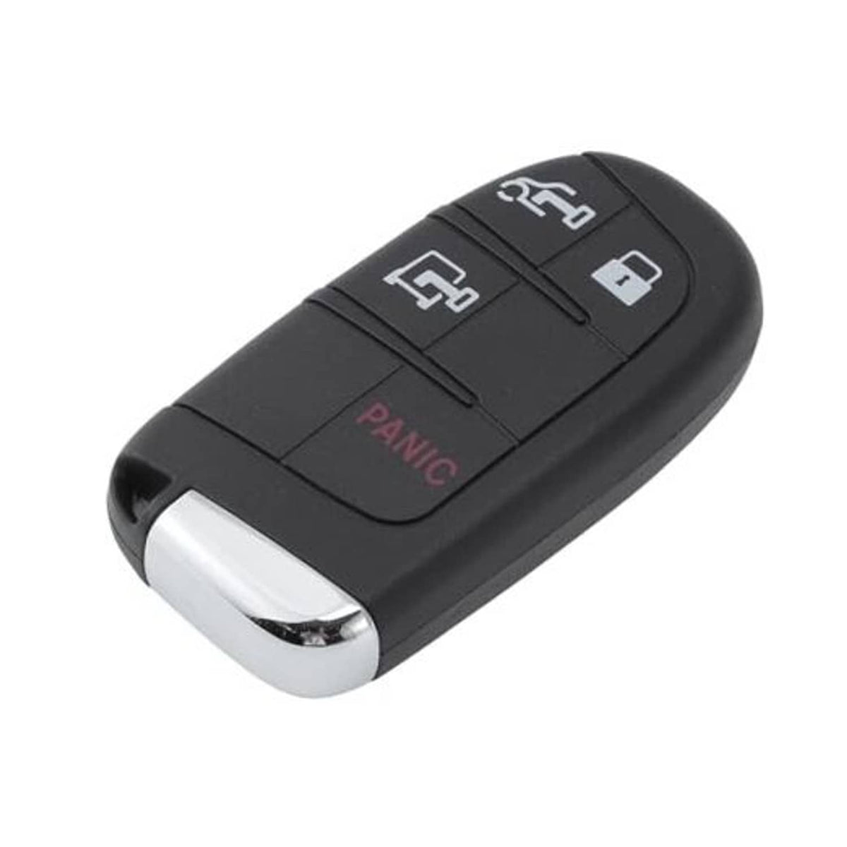 Black keyless entry remote fob with four buttons and chrome key ring