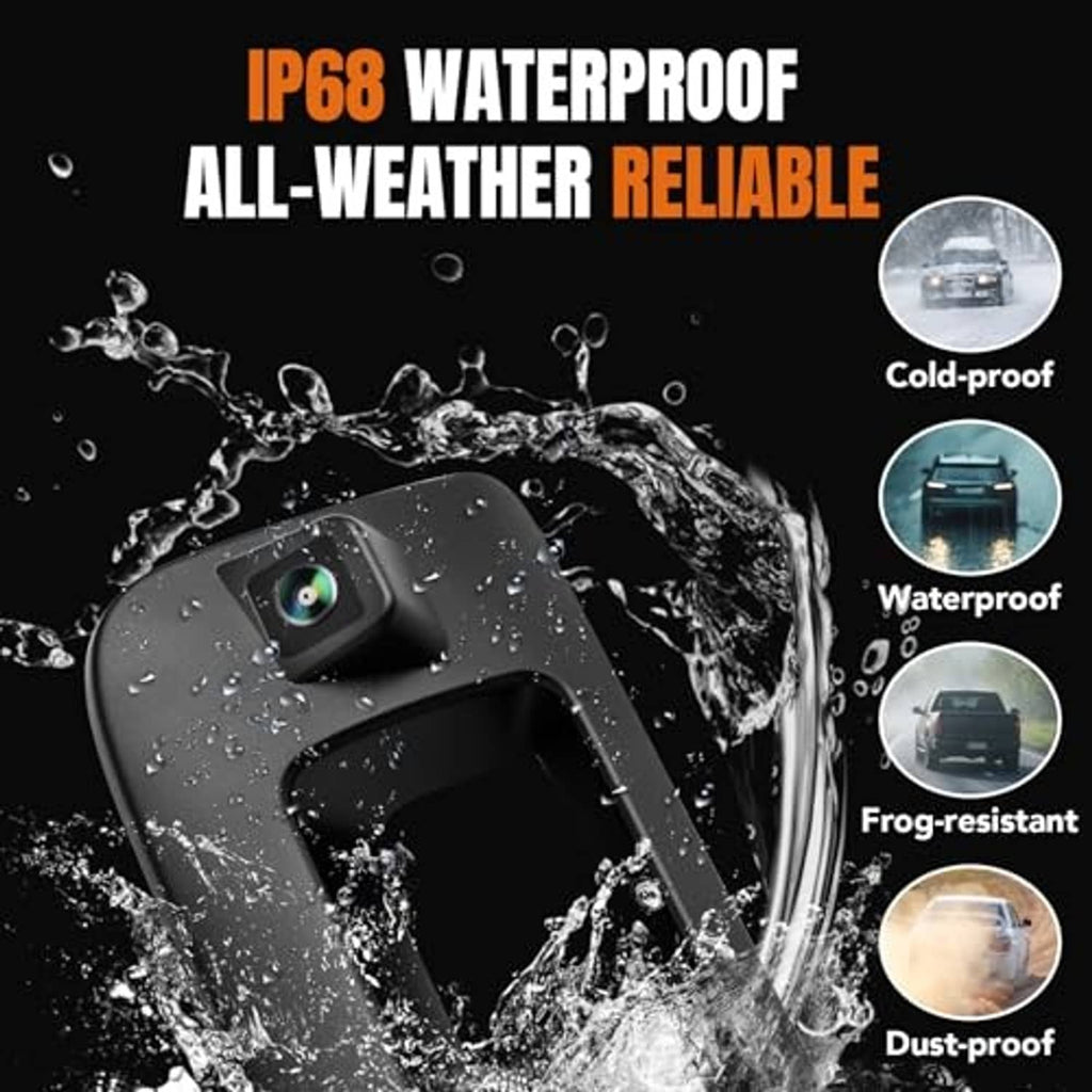 Tailgate handle backup camera with waterproof, splash-resistant housing