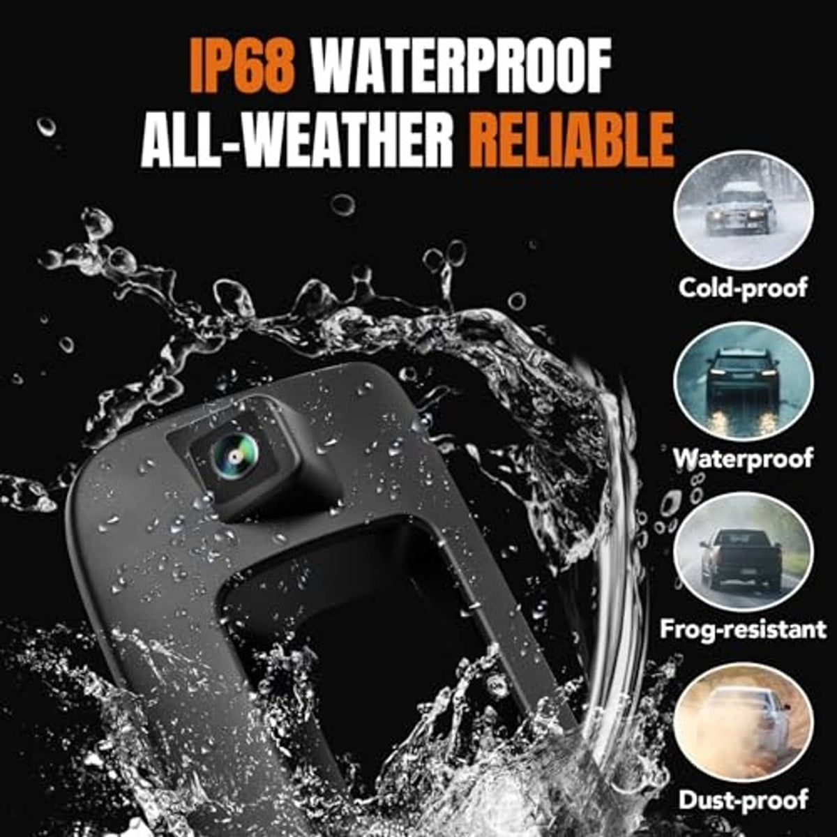 Tailgate handle backup camera with waterproof, splash-resistant housing