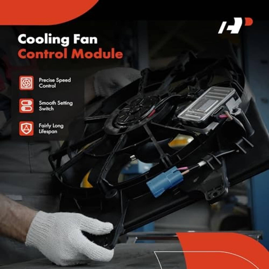 Cooling fan control module pictured near engine bay hoses and wiring