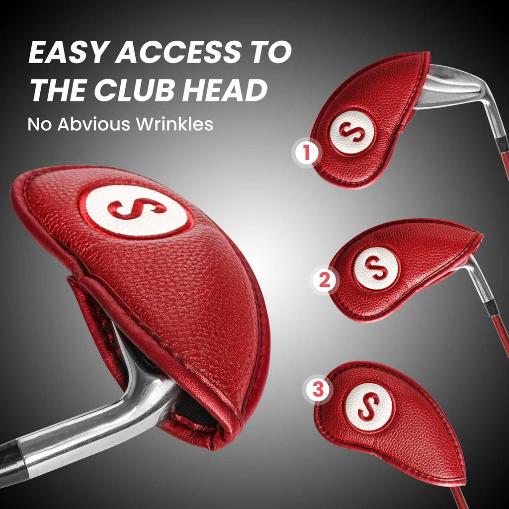 Red magnetic golf iron headcover on an iron head, padded textured cover with S embroidery