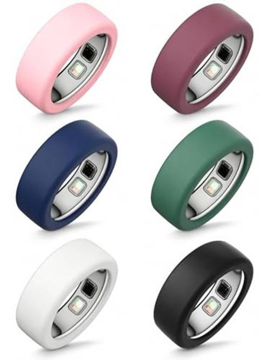 Set of silicone Oura ring cases in pink, maroon, blue, green, white, and black